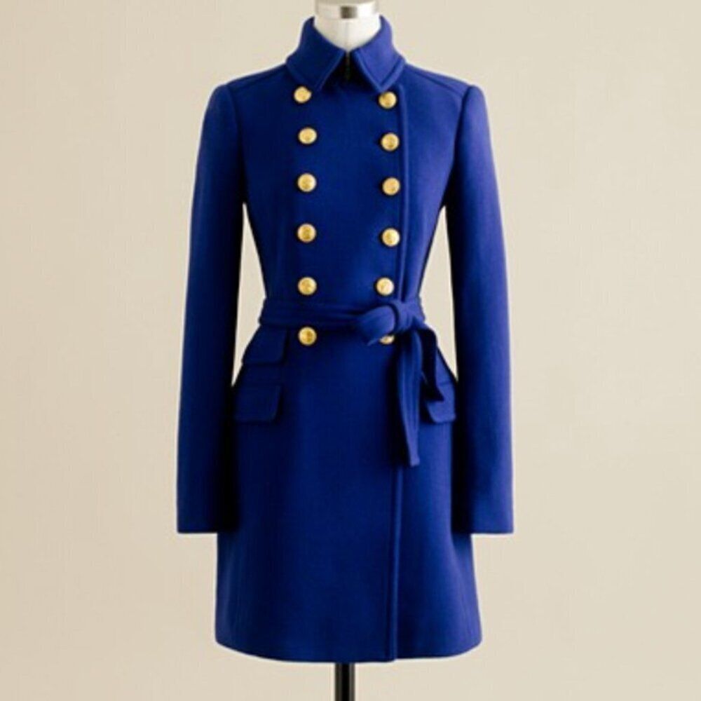 NEW VTG J Crew 4 Blue Double Cloth Wrap Military Townhouse Trench Wool Lady Coat